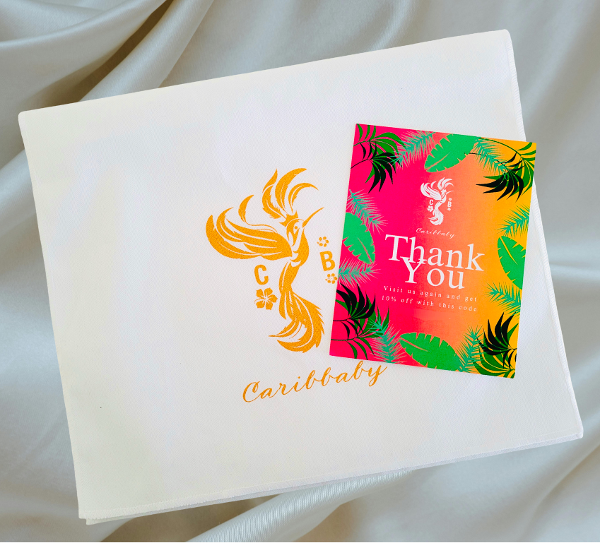 Card with 'Thank You' message and brand logo on a white envelope bag.