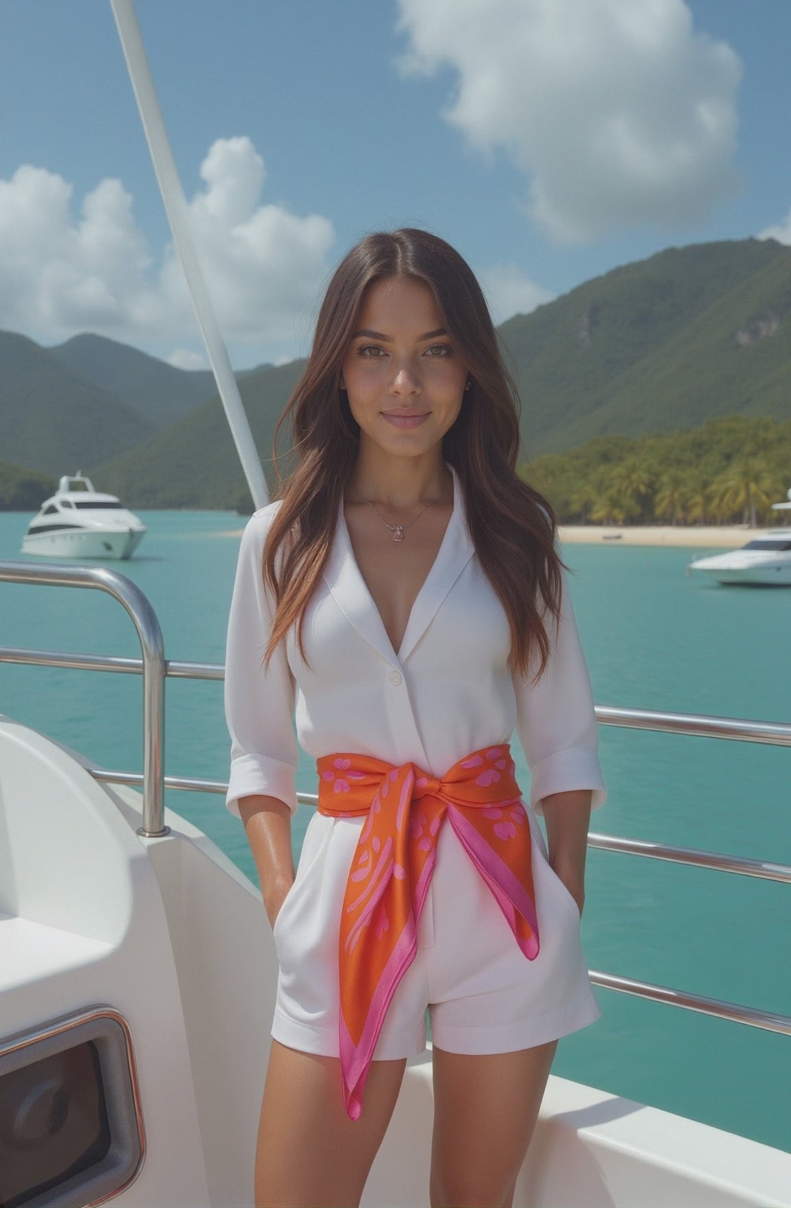 A woman wearing a Caribbaby pink and peach silk scarf around her waist, standing on a yacht in the tropical sea.
